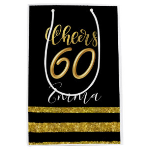Cheer 60 for 60th Birthday black and gold theme  Medium Gift Bag