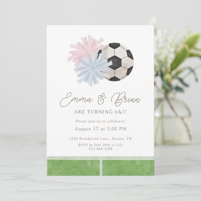 Cheer and Soccer Siblings Joint Birthday Party  Invitation (Standing Front)