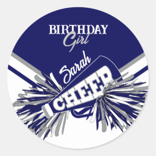 Cheer Birthday - Navy Blue, Grey and White Classic Round Sticker