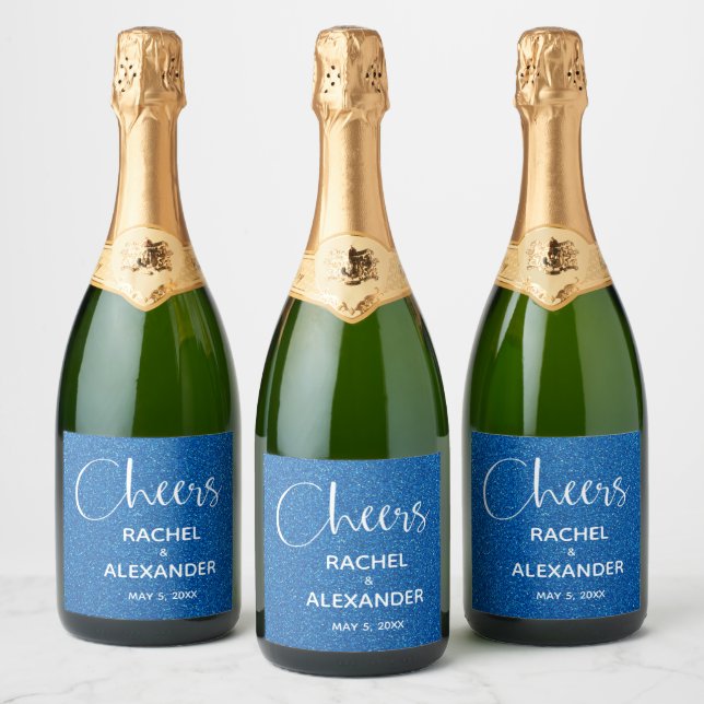CHEER Blue Glitter Wedding Sparkling Wine Labels (Bottles)