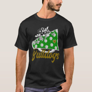 Cheer BULLDOG , Green Megaphone Heart Flower Accen T-Shirt