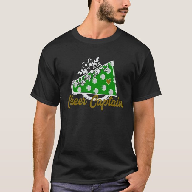 Cheer Captain  Green Megaphone Heart Flower Accent T-Shirt (Front)