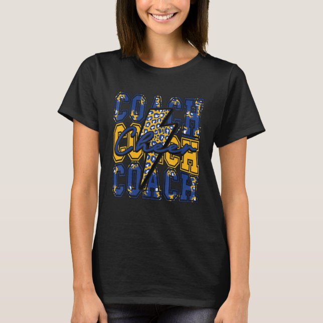 Cheer Coach Lightning Bolt Cheer Leopard Blue Gold T-Shirt (Front)