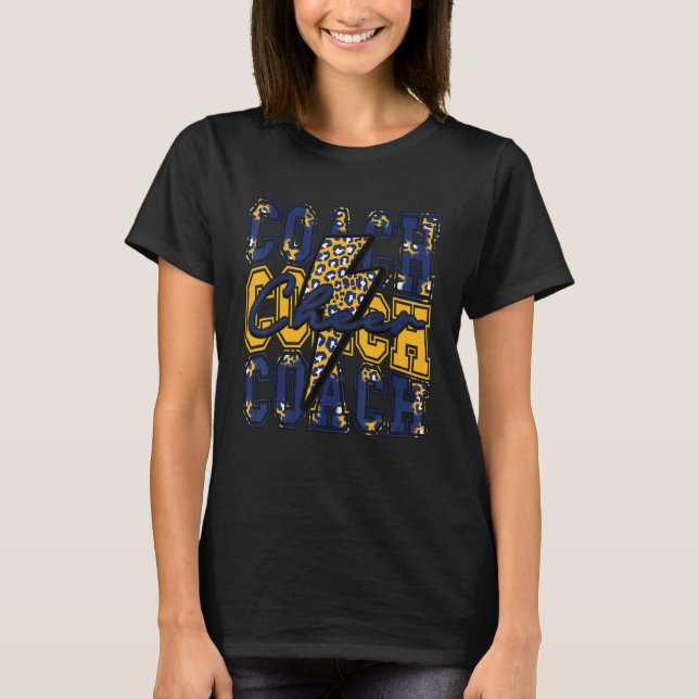 Cheer Coach Lightning Bolt Cheer Leopard Navy Gold T-Shirt (Front)