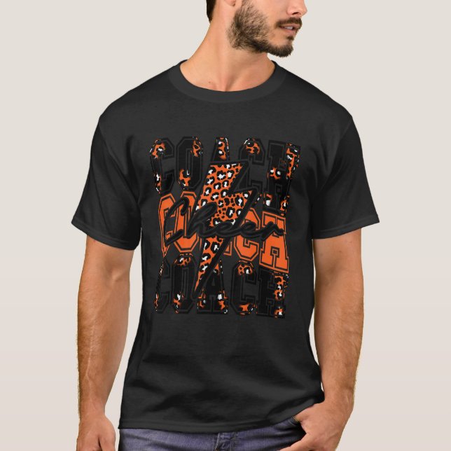 Cheer Coach Lightning Bolt Cheer Leopard Orange Bl T-Shirt (Front)