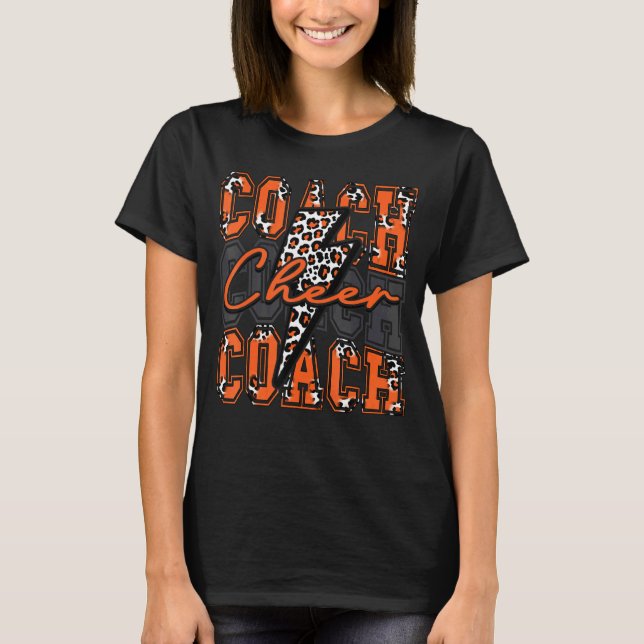 Cheer Coach Lightning Bolt Cheer Leopard Orange T-Shirt (Front)
