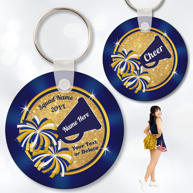 Cheer Gift Ideas Competition or Cheer Favors Key Ring (Cheap, Cheerleading Souvenirs. Cheer squad gift ideas or Cheerleading Championship Gifts. Blue Gold.)