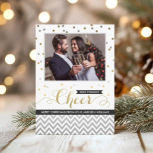 Cheer Gold Confetti Couple Photo Holiday Card