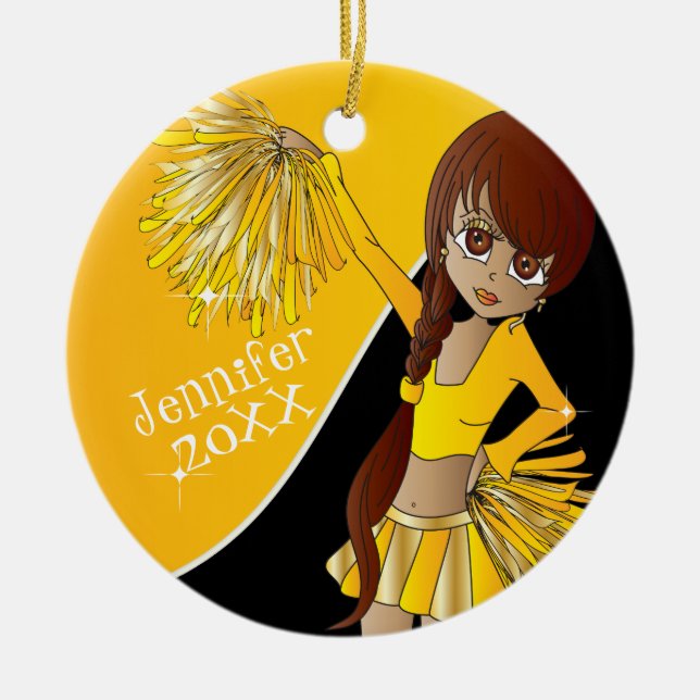 Cheer  📣💖 Golden Yellow Cheerleader Girl Ceramic Ornament (Front)