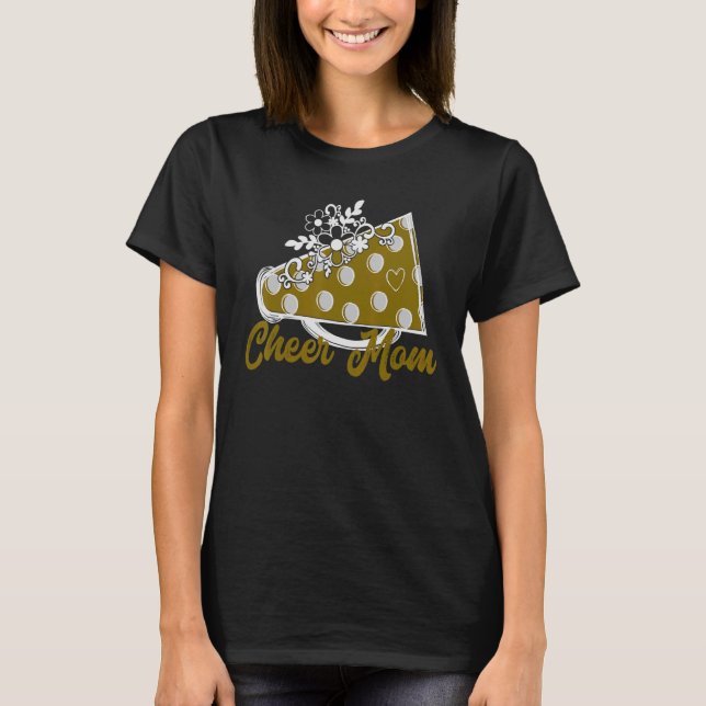 Cheer Mom Gold Megaphone with Heart Flowers Accent T-Shirt (Front)