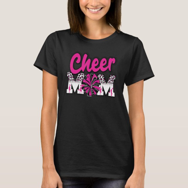 Cheer Mom Hot Pink Black Leopard Letters Cheer Pom T-Shirt (Front)