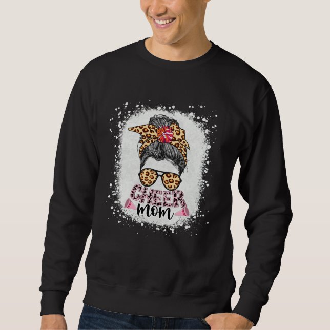 Cheer Mom Leopard Messy Bun Cheerleader Bleached M Sweatshirt (Front)