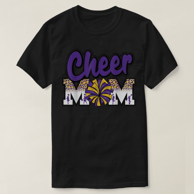 Cheer Mom Purple Gold Leopard Letters Cheer Pom Po T-Shirt (Design Front)