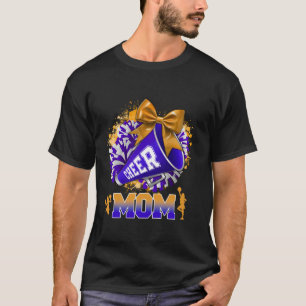 Cheer Mum Blue Gold Pom Pom Megaphone Coquette Bow T-Shirt