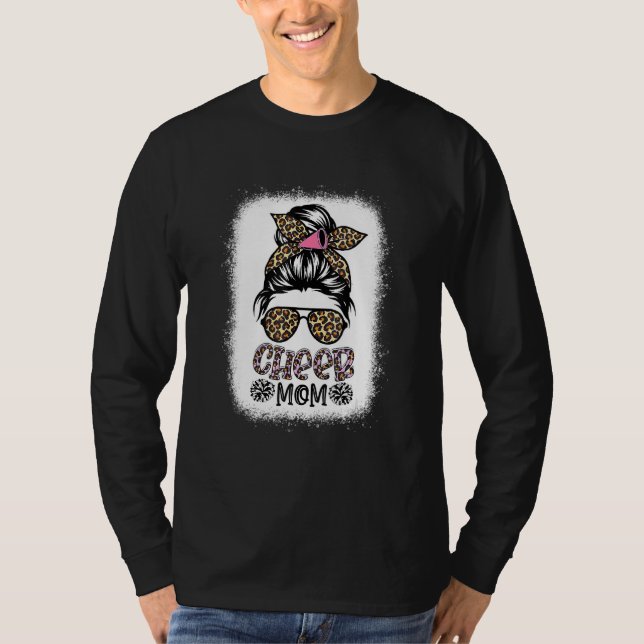 Cheer Mum Leopard Messy Bun Cheerleader Bleached T-Shirt (Front)