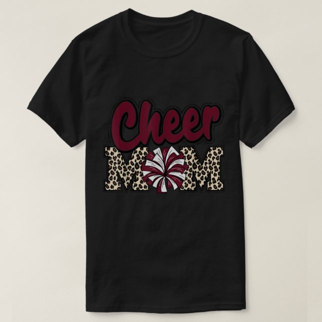 Cheer Mum Maroon Leopard Letters Cheer Pom Poms  T-Shirt (Design Front)