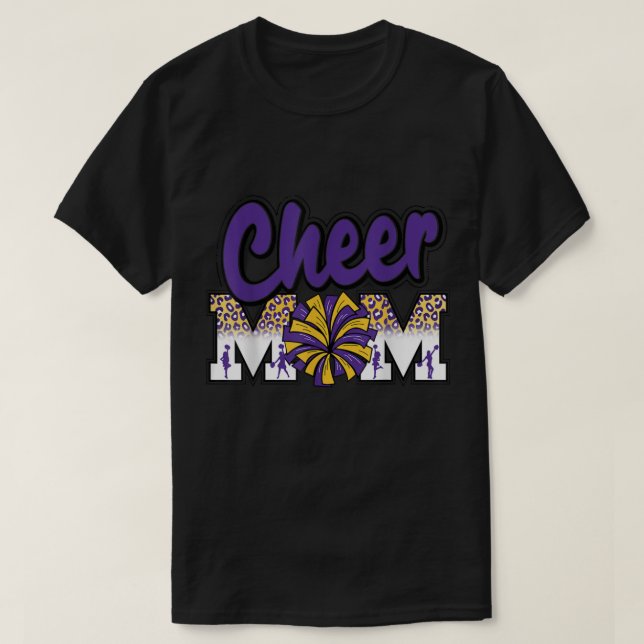 Cheer Mum Purple Gold Leopard Letters Cheer Pom Po T-Shirt (Design Front)