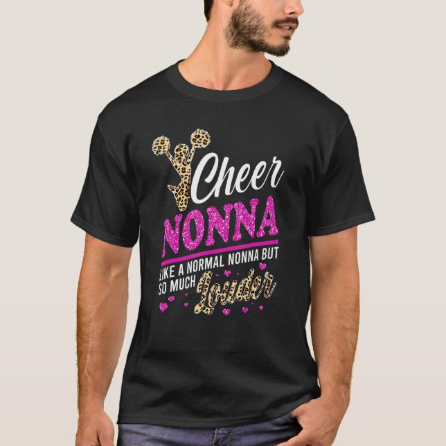Cheer Nonna Biggest Fan Leopard Print And Pom Pom  T-Shirt (Front)