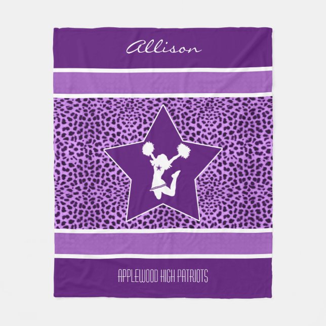 Cheer / Pom Cheetah Print with Monogram in Purple Fleece Blanket (Front)