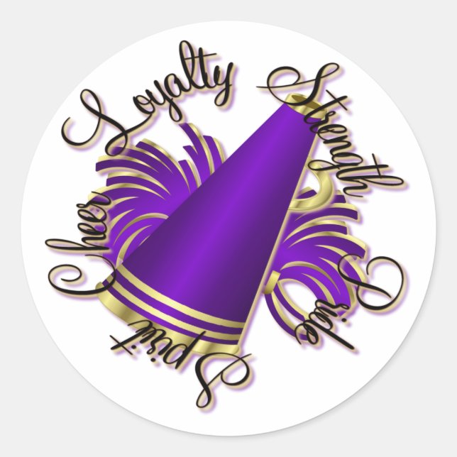 Cheer Purple and Gold Qualities Classic Round Sticker (Front)