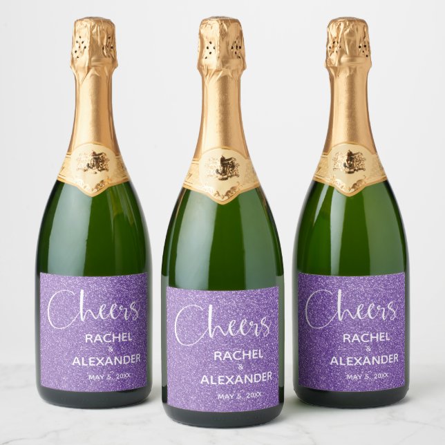 CHEER Purple Glitter Wedding Sparkling Wine Labels (Bottles)
