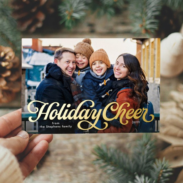 Cheer retro script four photo foil holiday card (Creator Uploaded)
