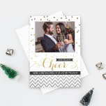 Cheer Silver and Gold Confetti Wedding Photo Holiday Card<br><div class="desc">Festive and stylish holiday cheer card design features your favourite photo framed by confetti and chevron stripes with a sparkle or glitter textured look.  Personalise with your photo and custom text.  Colours: shimmery metallic silver and gold with white and accents of soft black.</div>