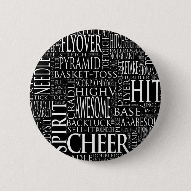 Cheer Terms Word Cloud in Black and White 6 Cm Round Badge (Front)