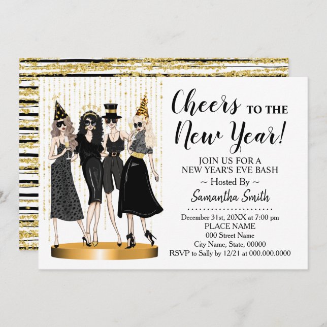 Cheer to the New Year Glitter Girls Night out Invitation (Front/Back)