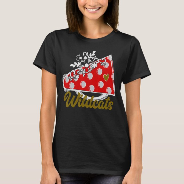 Cheer WILDCATS  Red Megaphone Heart Flower Accent T-Shirt (Front)