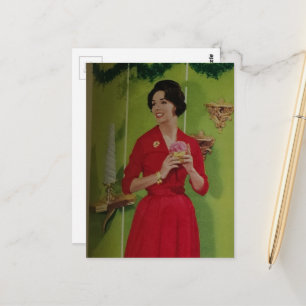 Cheerful 1950s era Christmas Lady in a Red Dress Postcard