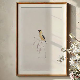 Cheerful American Goldfinch Singing Watercolor Art Poster