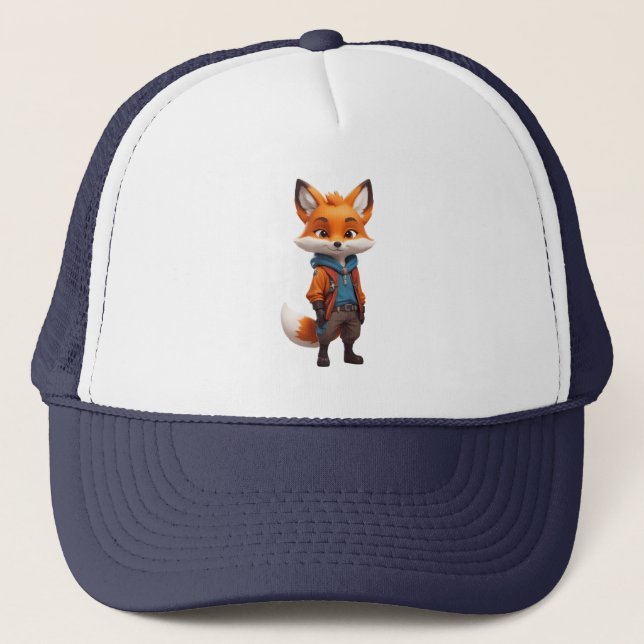 Cheerful and Adventurous Fox Illustration Trucker Hat (Front)
