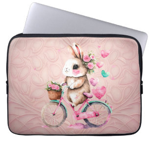 Cheerful and Romantic Bunny Rabbit on Bicycle Laptop Sleeve