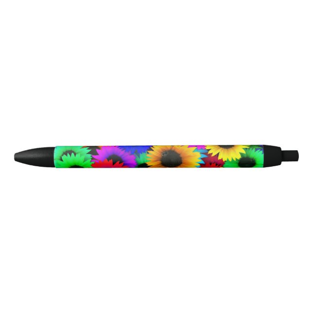 Cheerful Array of Colourful Sunflowers Black Ink Pen (Front)