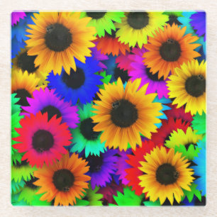 Cheerful Array of Colourful Sunflowers Glass Coaster