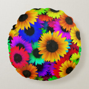 Cheerful Array of Colourful Sunflowers Round Cushion