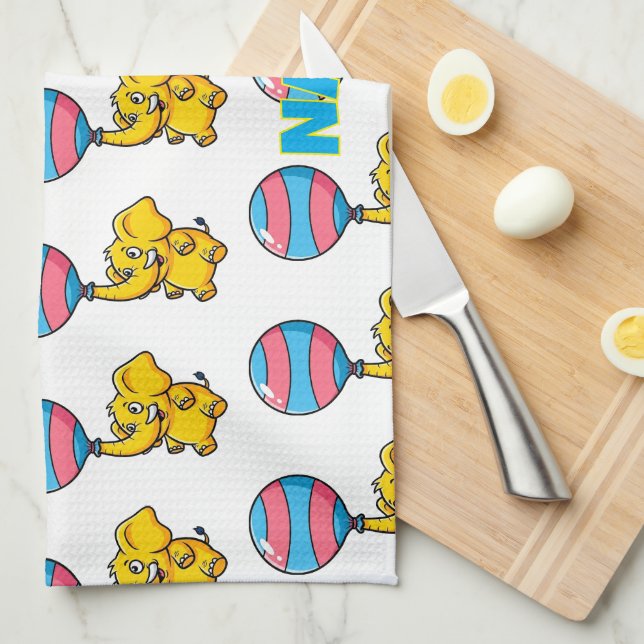 Cheerful Baby Elephant Hot Air Balloon Tea Towel (Quarter Fold)