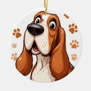 Cheerful Basset Dog with Orange Pawprints Ceramic Ornament