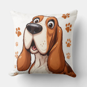 Cheerful Basset Dog with Orange Pawprints Cushion