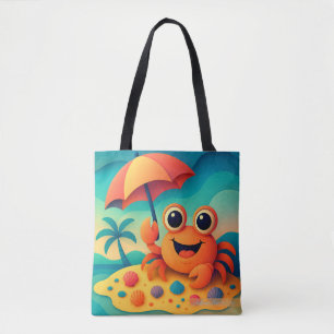 Cheerful Beach Crab with Umbrella Tropical Tote Bag