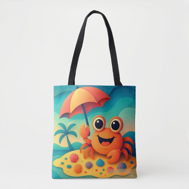 Cheerful Beach Crab with Umbrella Tropical Tote Bag (Front)