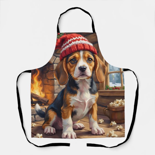 Cheerful Beagle Puppy in Stocking Cap Cozy Apron (Front)