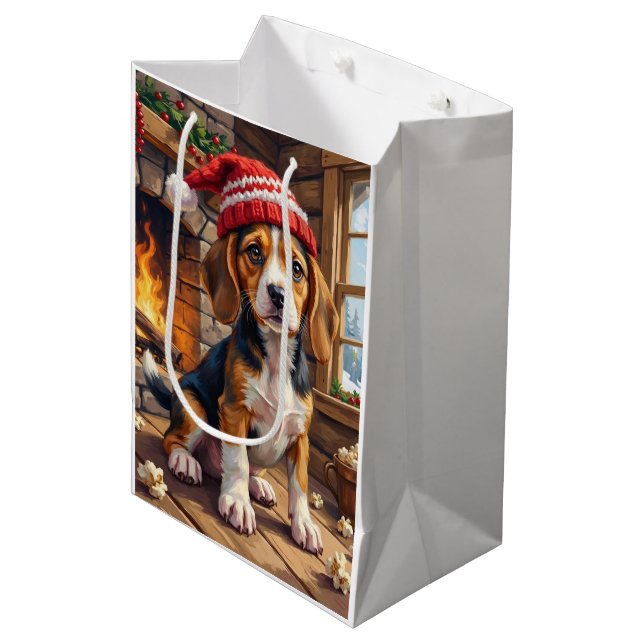 Cheerful Beagle Puppy in Stocking Cap Cozy Medium Gift Bag (Front Angled)