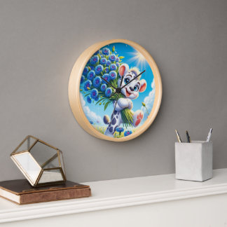 Cheerful Bear with Blue Flowers Clock