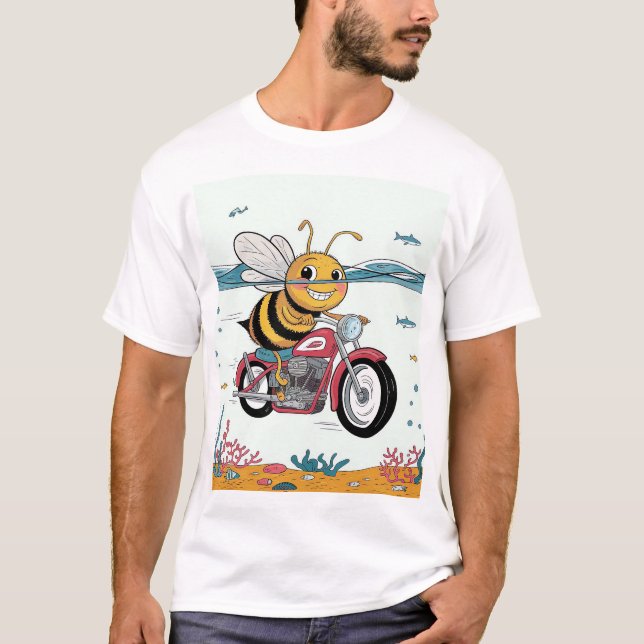Cheerful Bee Riding a Motorcycle in the Ocean T-Shirt (Front)