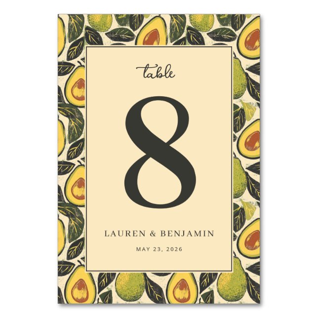 Cheerful Beige Avocado Illustration Table Number (Front)
