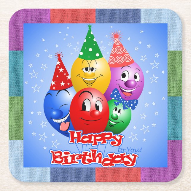 Cheerful Birthday Balloons Square Paper Coaster (Front)