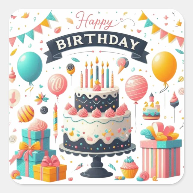 Cheerful Birthday Celebration Cake & Balloons Square Sticker (Front)