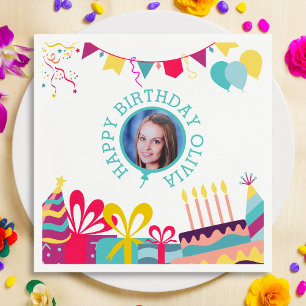 Cheerful Birthday Party Custom Photo Text Napkin